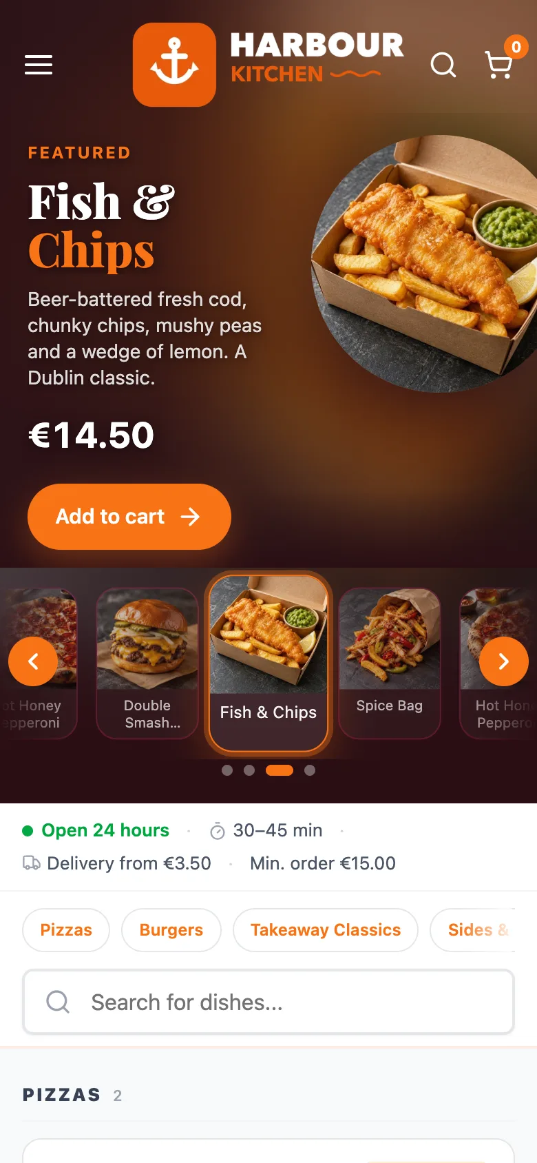 Live demo: Harbour Kitchen, a fictional Dublin takeaway running on OrdFox.