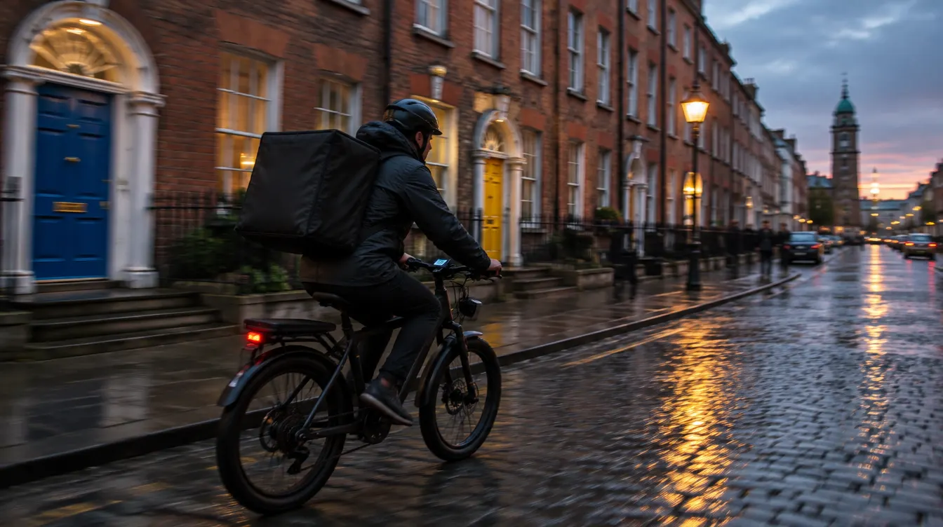 A delivery rider on a wet city street at night